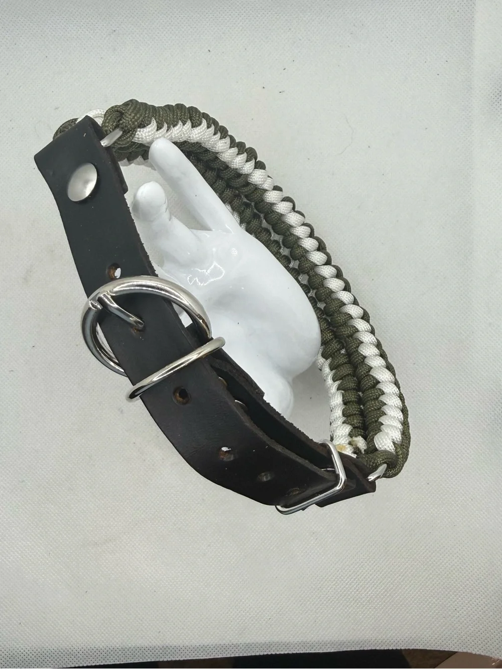 Handmade Olive & White Paracord Dog Collar Leather Adjustable
